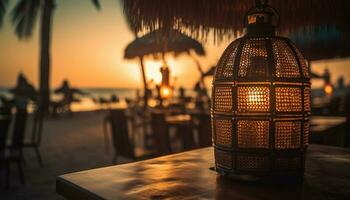Glowing lantern illuminates old fashioned table at dusk generated by AI photo