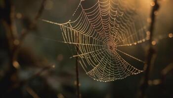 Spider web glistens with dew in autumn forest generated by AI photo