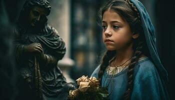 uno triste niña Orando para infancia inocencia generado por ai foto