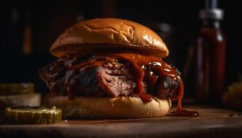 Grilled burger on rustic bun with fries generated by AI photo