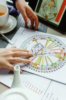 TVER, RUSSIA - FEBRUARY 12, 2023 A woman at the table is studying a rave mandala by human design. Rave mandala on the table close-up. The concept of esoteric teachings. photo