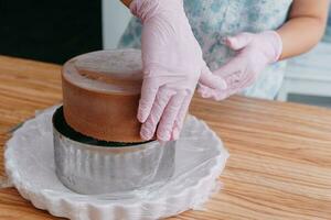 Cooking mousse cake at a cooking class. Cooking at home, home-made food. Confectioner. photo