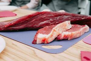 Raw beef sliced, preparation of meat for cooking steak at the culinary master class. photo