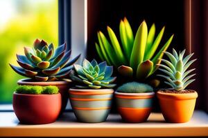 Many different succulents on a windowsill in daylight. . photo