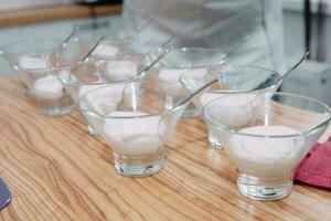 ice cream filling in glass pialas at culinary master class. photo