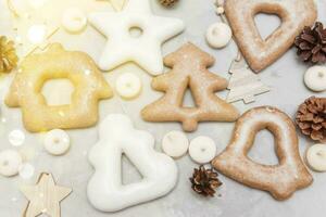 Banner for Christmas and New Year gingerbread stars, houses, Christmas trees, toys on a gray concrete background photo