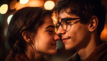 sonriente joven Pareja abraza debajo Navidad luces generado por ai foto