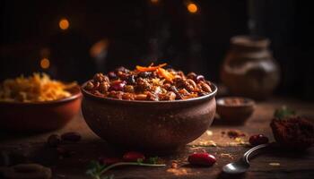 Fresh fruit bowl on rustic wood table generated by AI photo