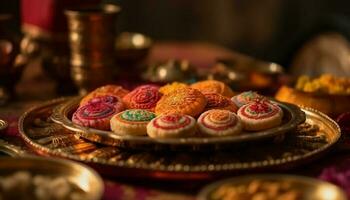 Multi colored decorations adorn the homemade Indian dessert generated by AI photo