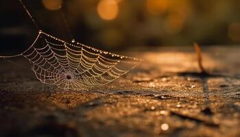 Spider web traps dew drops in autumn forest generated by AI photo