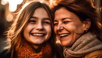 Mother and daughter embrace in autumn nature generated by AI photo