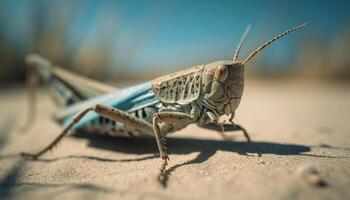 Spooky locust crawls on green leaf close up generated by AI photo