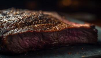 Grilled steak on rustic plate, ready to eat generated by AI photo