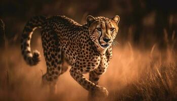 Majestic cheetah walking in African wilderness area generated by AI photo