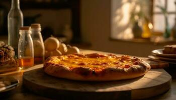 Freshly baked pizza on rustic wooden table generated by AI photo