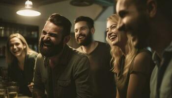 Smiling group of people enjoying nightlife together generated by AI photo