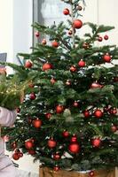 Christmas trees decorated with red balloons in front of the entrance to the cafe. Street Christmas decorations photo