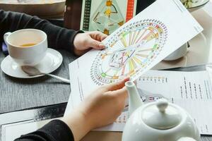 TVER, RUSSIA - FEBRUARY 12, 2023 A woman at the table is studying a rave mandala by human design. Rave mandala on the table close-up. The concept of esoteric teachings. photo