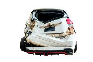 Behind of white car get damaged by accident on the road. Broken cars after collision. auto accident, isolated on white background with clipping path include photo