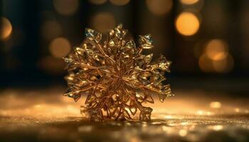 Shiny gold Christmas ornament reflects snowflake backdrop generated by AI photo