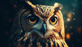 Great horned owl staring at winter sunset generated by AI photo