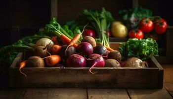 Fresh organic vegetables arranged on rustic wooden table generated by AI photo