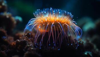 Multi colored tentacle of cnidarian in underwater reef generated by AI photo