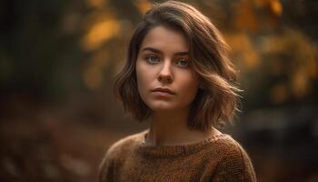 Young woman in autumn forest, confident and beautiful generated by AI photo