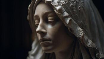 Young woman praying to statue of Mary generated by AI photo