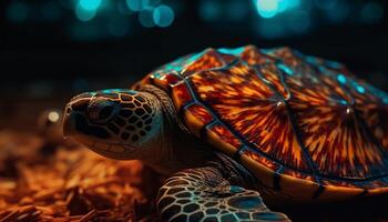 Slow crawling turtle, multi colored shell in nature generated by AI photo