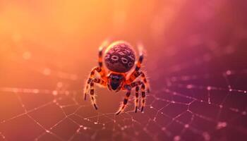 Spooky arachnid spins multi colored web at night generated by AI photo