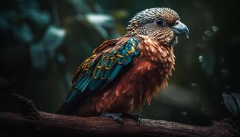 vibrante guacamayo encaramado en rama en bosque generado por ai foto