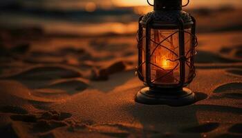 Glowing lantern illuminates tranquil summer coastline adventure generated by AI photo