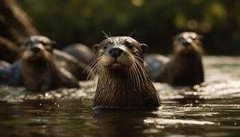 Wet puppy swimming with playful seal underwater generated by AI photo