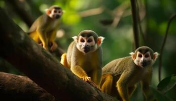 joven macaco sentado en árbol, mirando linda generado por ai foto