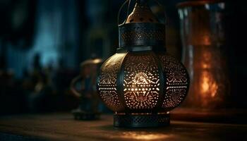 Antique lantern illuminated dark room with elegance generated by AI photo
