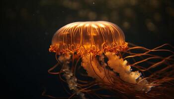 Glowing medusa tentacle in dark underwater environment generated by AI photo