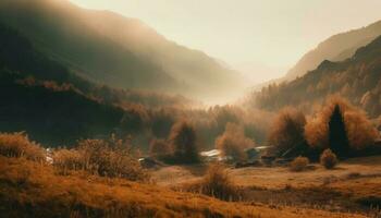 Mountain range, forest, and meadow in autumn generated by AI photo