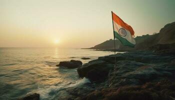 Tranquil seascape, waves waving on rocky coastline generated by AI photo