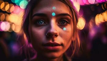 Young adult woman smiling, illuminated by Christmas lights generated by AI photo