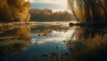 Tranquil autumn sunset reflects on pond surface generated by AI photo