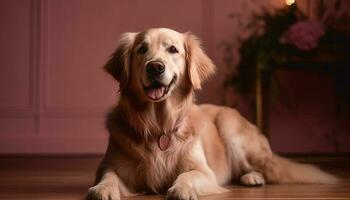 Golden retriever puppy sitting, looking at camera indoors generated by AI photo