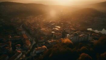 amanecer ilumina urbano horizonte, belleza en naturaleza generado por ai foto