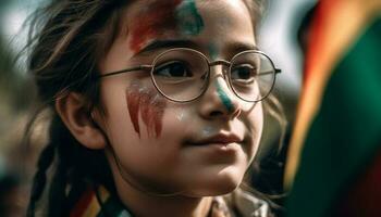 linda niña sonriente con vistoso cara pintar al aire libre generado por ai foto