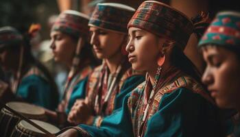 Young adults in traditional clothing smiling indoors generated by AI photo