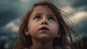 linda niña disfrutando naturaleza, sonriente y juguetón generado por ai foto