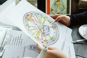 TVER, RUSSIA - FEBRUARY 12, 2023 A woman at the table is studying a rave mandala by human design. Rave mandala on the table close-up. The concept of esoteric teachings. photo