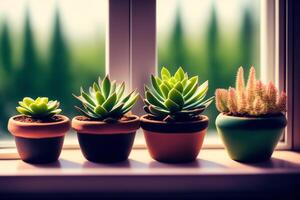 Many different succulents on a windowsill in daylight. . photo