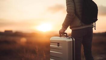 One person standing, holding backpack, exploring nature generated by AI photo