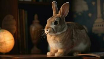 Fluffy baby rabbit sitting on wooden table generated by AI photo